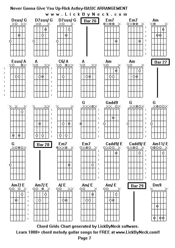 Chord Grids Chart of chord melody fingerstyle guitar song-Never Gonna Give You Up-Rick Astley-BASIC ARRANGEMENT,generated by LickByNeck software.